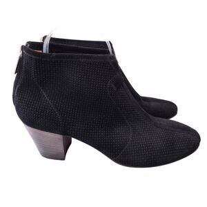 Aquatalia Xcellent Black Suede Perforated Stacked Heel Ankle Bootie Boot Women 8